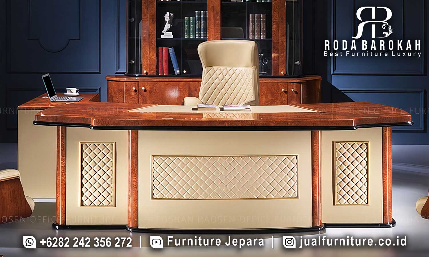 Meja Kantor Mewah Jati Verona Desain Berkarakter FS1397 hadir dengan bahan kayu jati dan finishing Holz, memberikan nuansa elegan dan profesional.