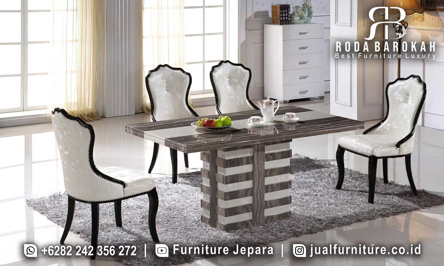 Meja Makan Jati Natural Vicenza Karya Jepara FS1361 hadir dengan kombinasi kayu jati dan marmer elegan, sempurna untuk mempercantik ruang makan Anda.