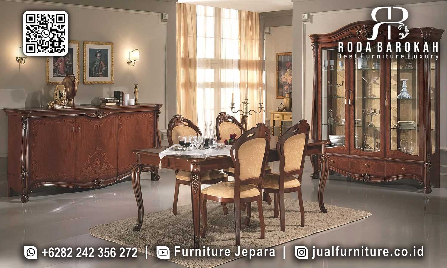 Meja Makan Jati Natural dengan kaki meja ukiran elegan dan busa tebal, sempurna untuk suasana klasik Eropa yang mewah di rumah Anda.