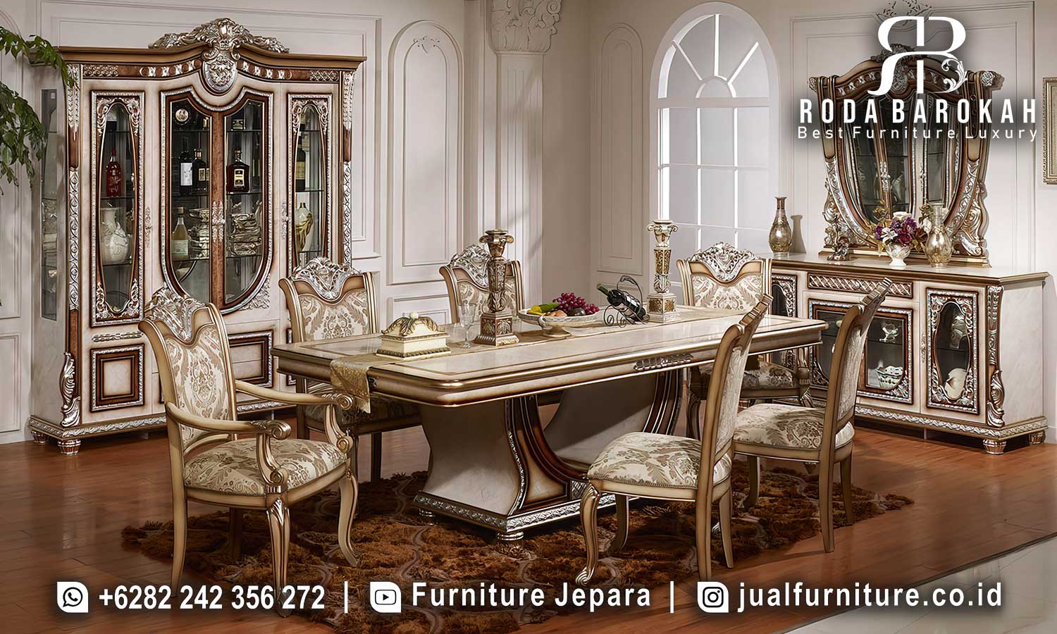 Meja Makan Klasik Mewah Padova Buatan Jepara FS1376 terbuat dari kayu jati dengan finishing Holz Gold, memberikan nuansa elegan dan tahan lama