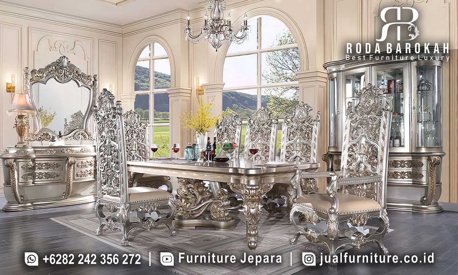 Meja Makan Mewah Klasik Barok Classico Nuansa Timeless FS1387 hadir dengan rangka besi hollow dan kulit sintetis berkualitas