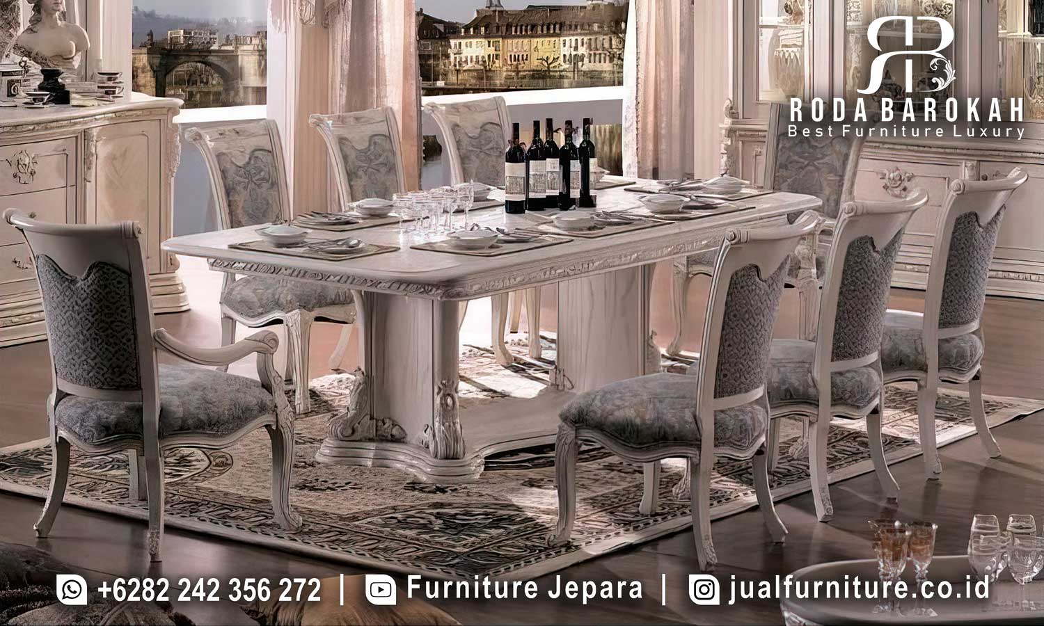 Meja Makan Mewah Napoleon Nuansa Klasik FS1445 terbuat dari kayu jati dengan cat putih dan ornamen ukiran, ideal untuk menciptakan suasana elegan di rumah Anda.