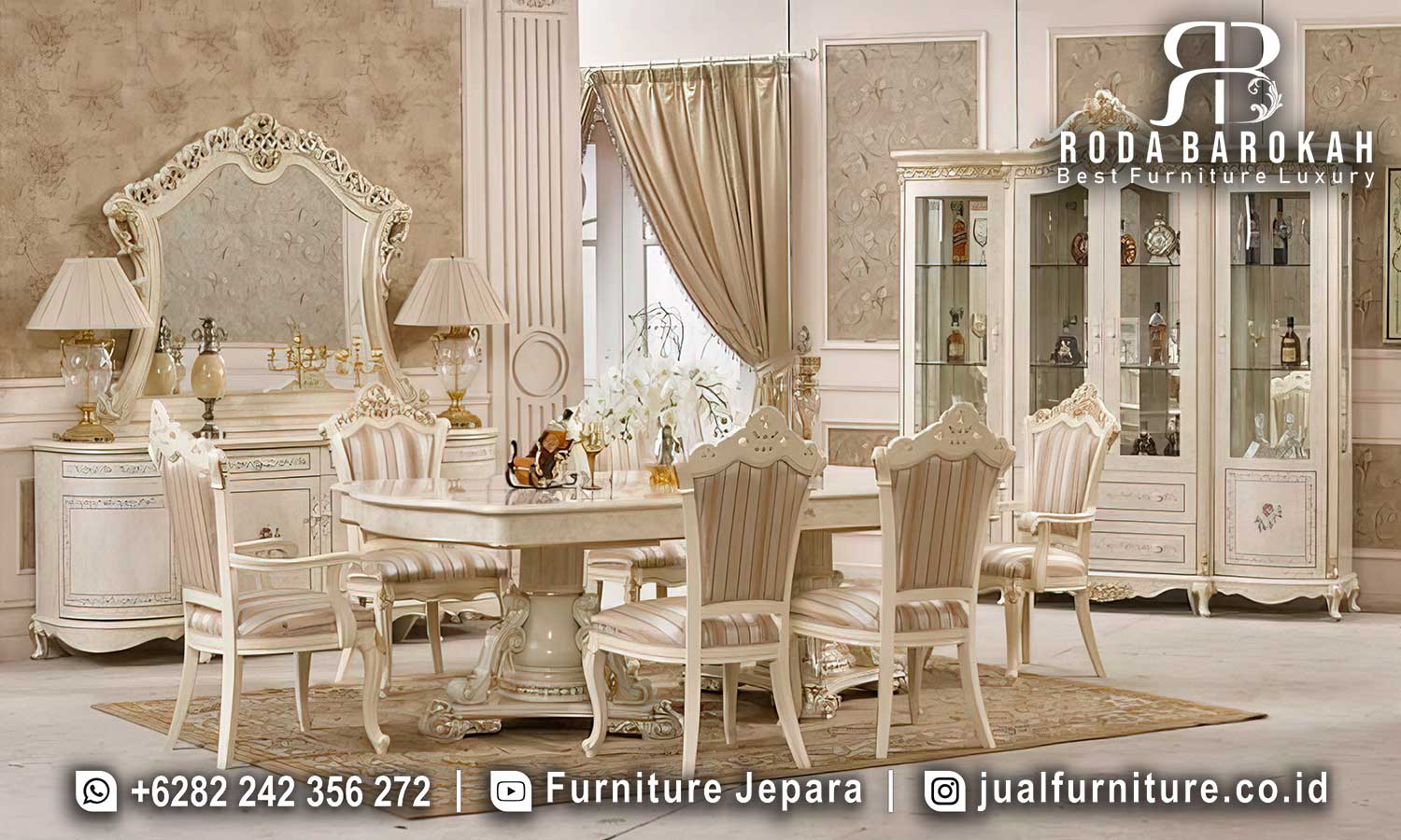 Meja Makan Mewah Nobile Furnitur Jepara FS1362, terbuat dari kayu jati dengan finishing doff gold dan hiasan kepala kursi, sempurna untuk suasana klasik dan elegan di rumah Anda.