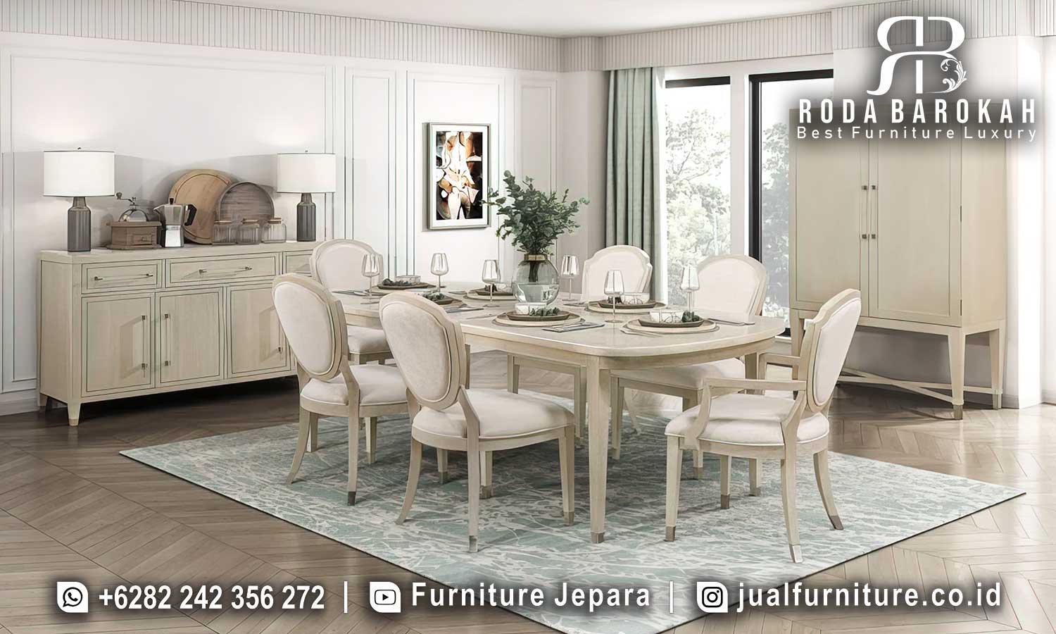 Meja Makan Mewah Splendore Ukiran Artistik FS1403 dari kayu jati dengan finishing doff, desain minimalis elegan, sempurna untuk momen makan keluarga Anda.