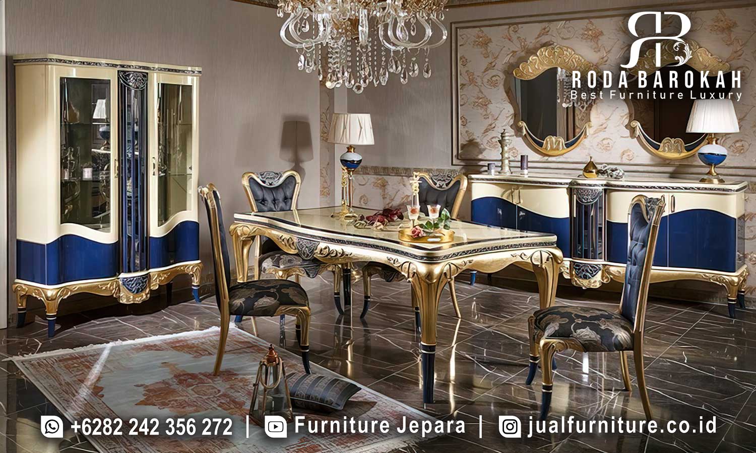 Meja Makan Mewah Ukir Louis Sentuhan Elegan FS1291 hadir dengan kayu jati dan gold plating, cocok untuk menambah nuansa elegan pada ruang makan Anda.