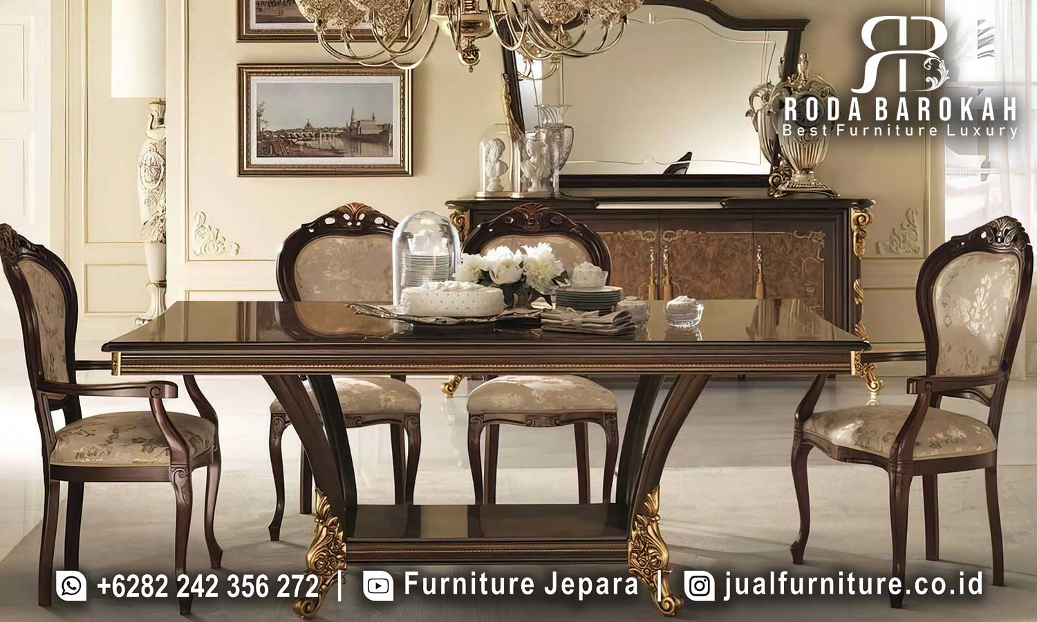 Meja Makan Natural Jati Louis Antik Elegan FS1418 menambah kesan klasik modern dengan kaki meja berhias emas dan kayu jati berkualitas, sempurna untuk keluarga.
