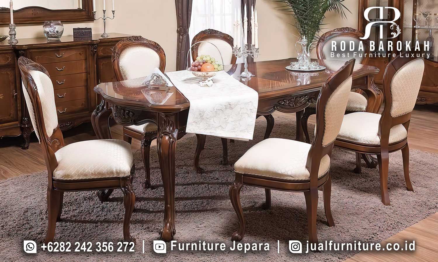 Meja Makan Natural Jati Villa Pengerjaan Halus FS1446, elegan dengan pahat ukiran kayu dan finishing doff gloss, sempurna untuk nuansa klasik modern.