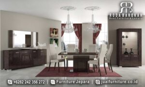 Meja Makan Natural dengan rangka kayu jati dan kain bludru elegan, sempurna untuk memperindah ruang makan Anda dengan gaya modern minimalis.