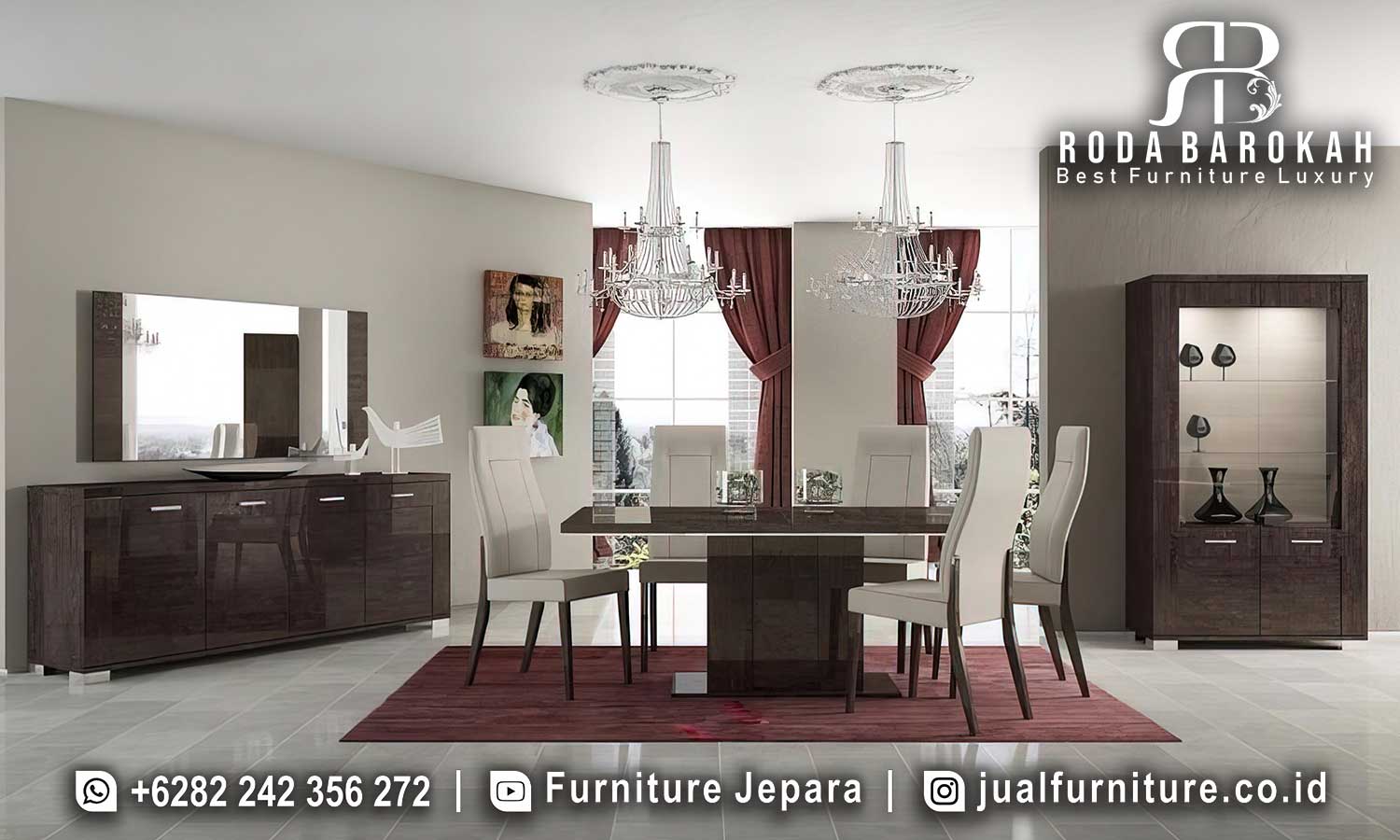 Meja Makan Natural dengan rangka kayu jati dan kain bludru elegan, sempurna untuk memperindah ruang makan Anda dengan gaya modern minimalis.