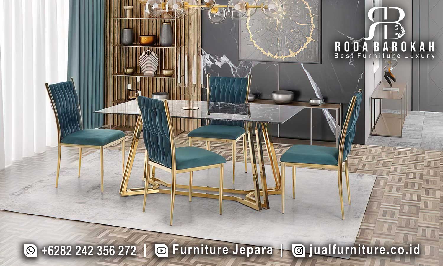 Meja Makan Stainless Luxury Verona Ukiran Ornamental FS1435 hadir dengan kaki berbentuk X dan dudukan kain bludru, sempurna untuk nuansa elegan dan mewah
