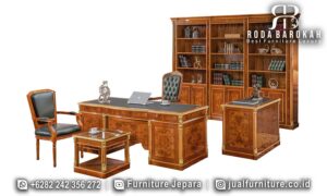 Meja Office Jati Mewah Tudor Pengrajin Jepara FS1416, hadir dengan kayu jati berkualitas, finishing Holz, dan ruang penyimpanan elegan, sempurna untuk kantor Anda.