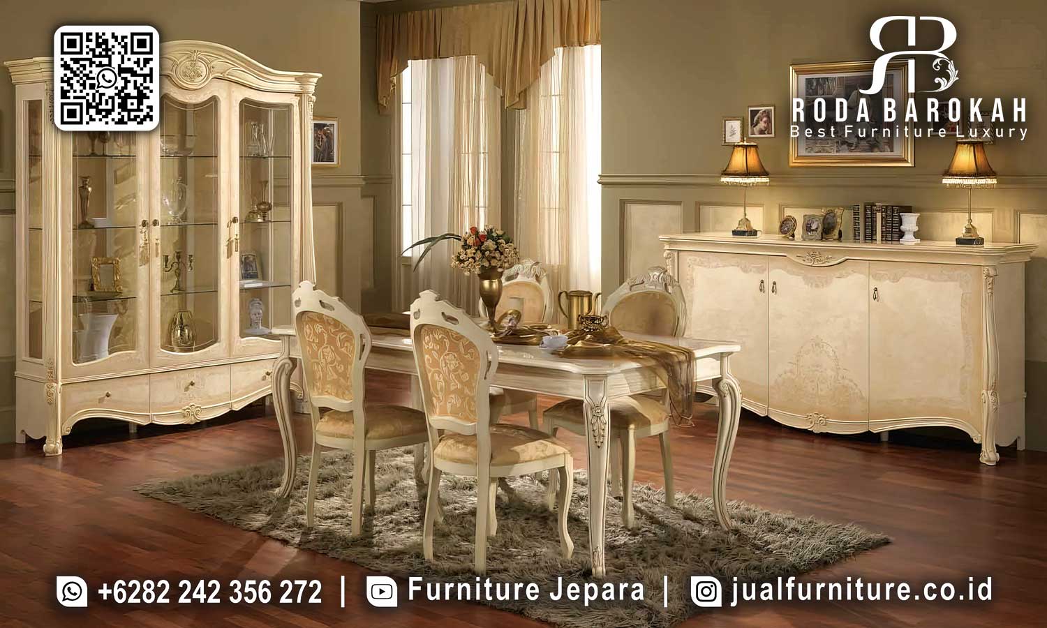 Model Meja Makan Klasik Modern Nobile Ornamen Elegan FS1316 terbuat dari kayu jati dengan finishing doff, memberikan sentuhan elegan dan tahan lama untuk ruang makan Anda.