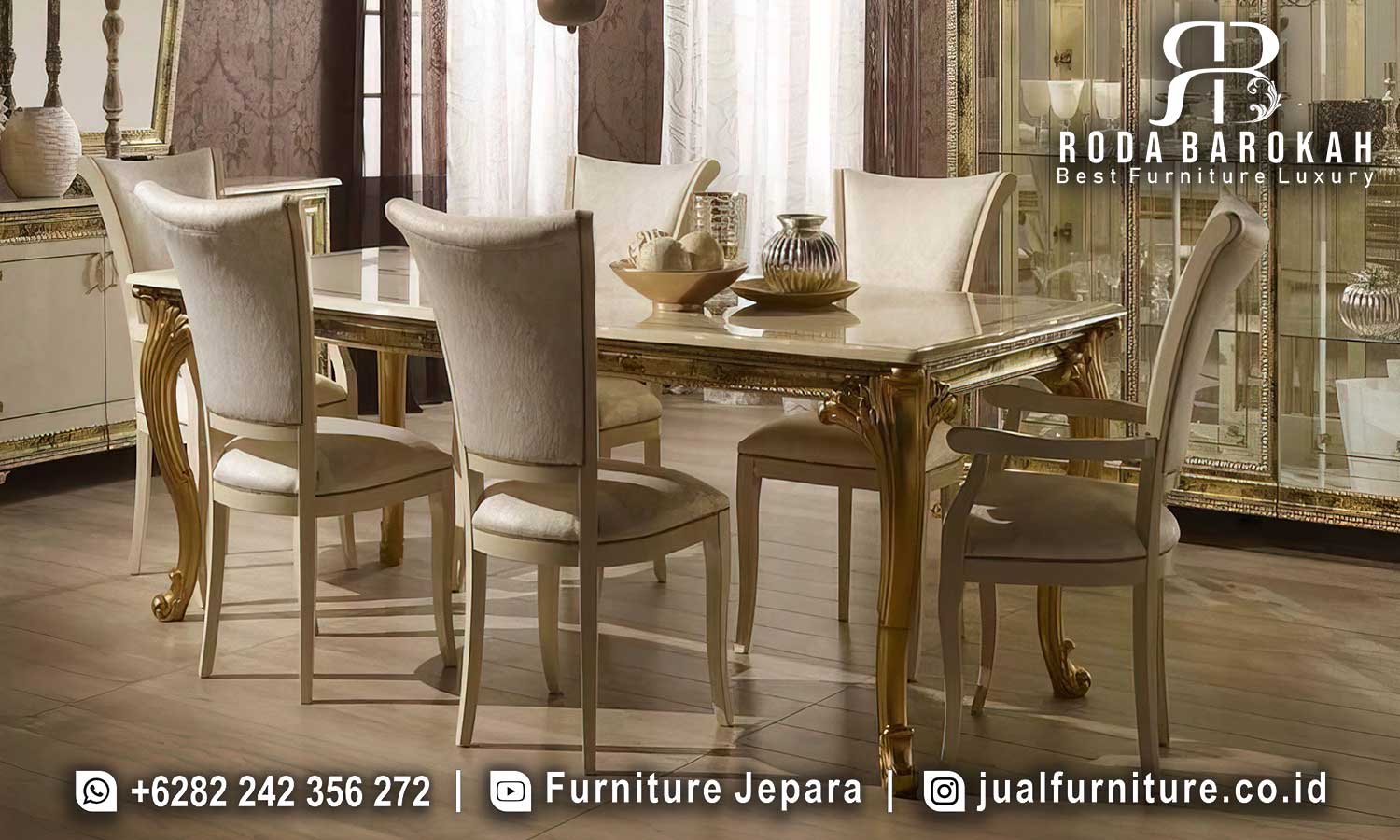 Model Ruang Makan Mewah Louis Handmade Jepara FS1419, dengan meja marmer dan kaki berukir kayu jati, sempurna untuk menambah nuansa elegan di rumah Anda.