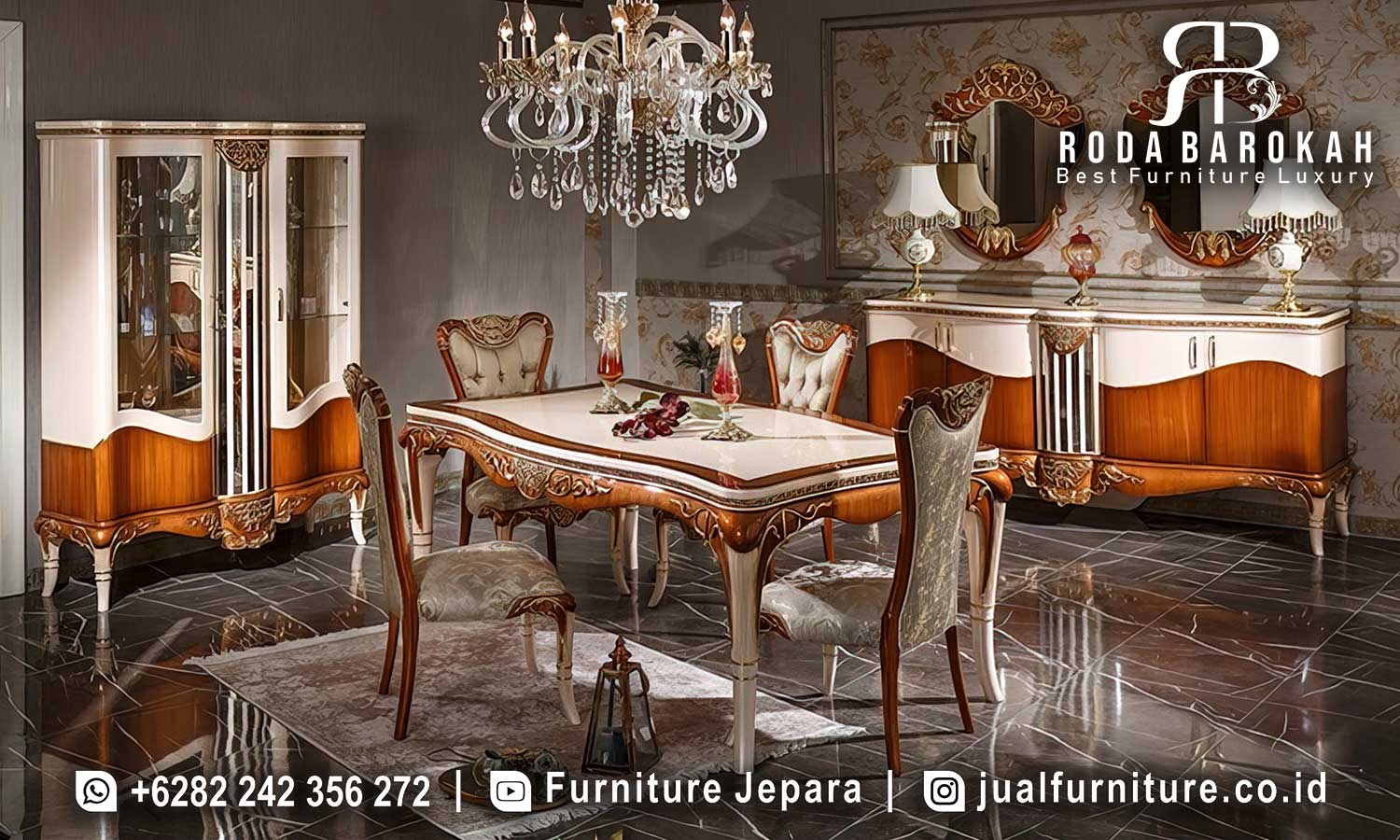 Model Set Ruang Makan Mewah Castello Nuansa Prestisius FS1292 terbuat dari kayu jati dengan finishing Holz Gold dan kaki meja ukiran, memberikan nuansa elegan dan tahan lama.