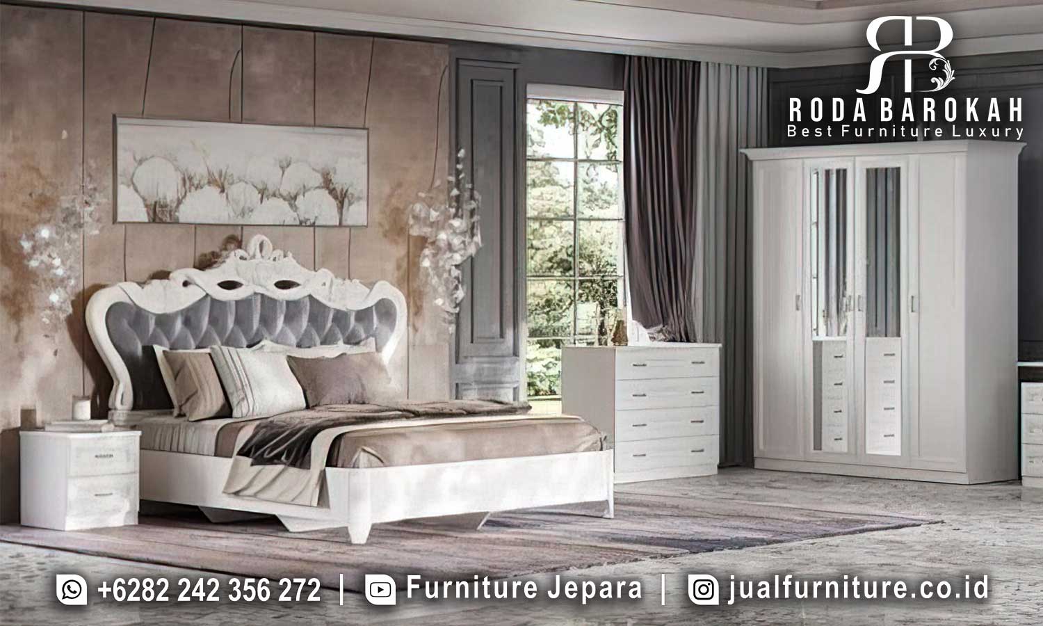 Model Tempat Tidur Klasik Palazzo Detail Halus FS1335 hadir dengan rangka kayu jati dan finishing cat putih, menambah kesan elegan dan mewah untuk tidur dan penyimpanan.