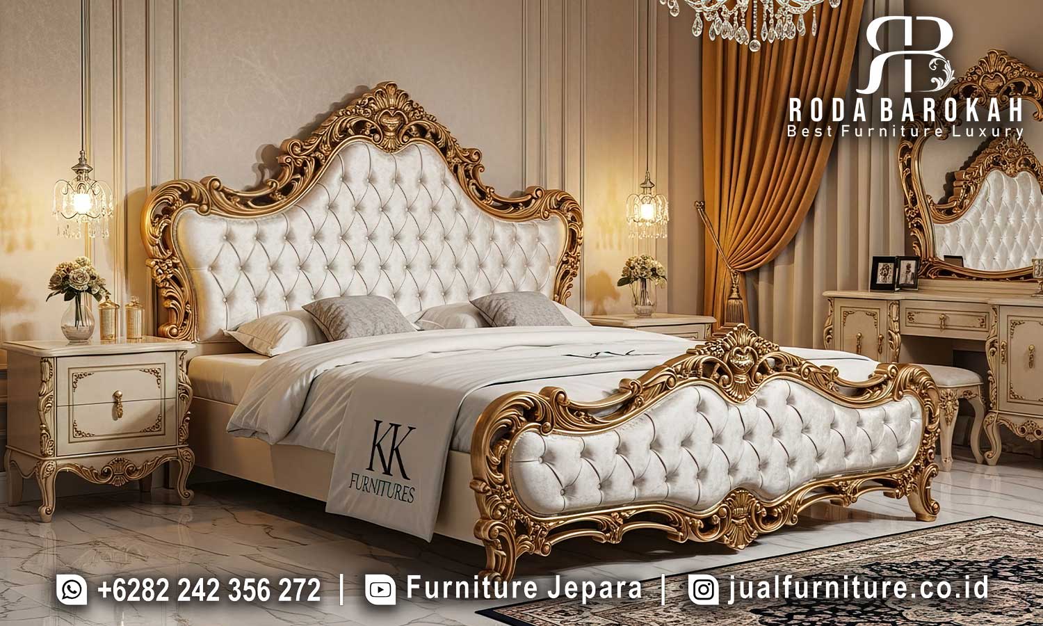 Promo Tempat Tidur Mewah Cortile Rakitan Presisi FS1383, terbuat dari kayu jati dengan ukiran emas dan sandaran kepala tinggi, sempurna untuk nuansa klasik dan elegan di rumah Anda.