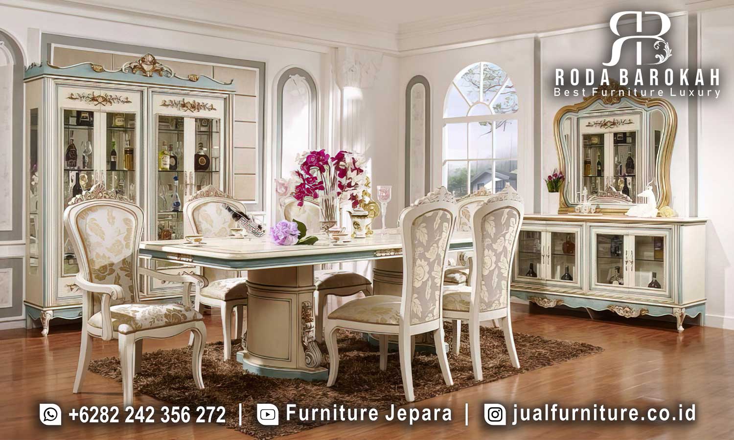 Ruang Makan Mewah Medici Handmade Jepara FS1375 hadir dengan kayu jati dan finishing doff, menawarkan elegansi klasik Eropa dengan pilar tengah dan ukiran indah.