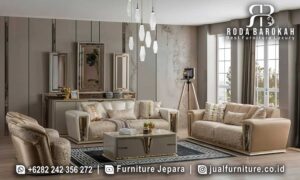 Ruang Tamu Mewah Sofa Eleganza Desain Prestisius FS1365 dengan kayu jati dan kaki emas, sempurna untuk nuansa elegan dan modern di rumah Anda.