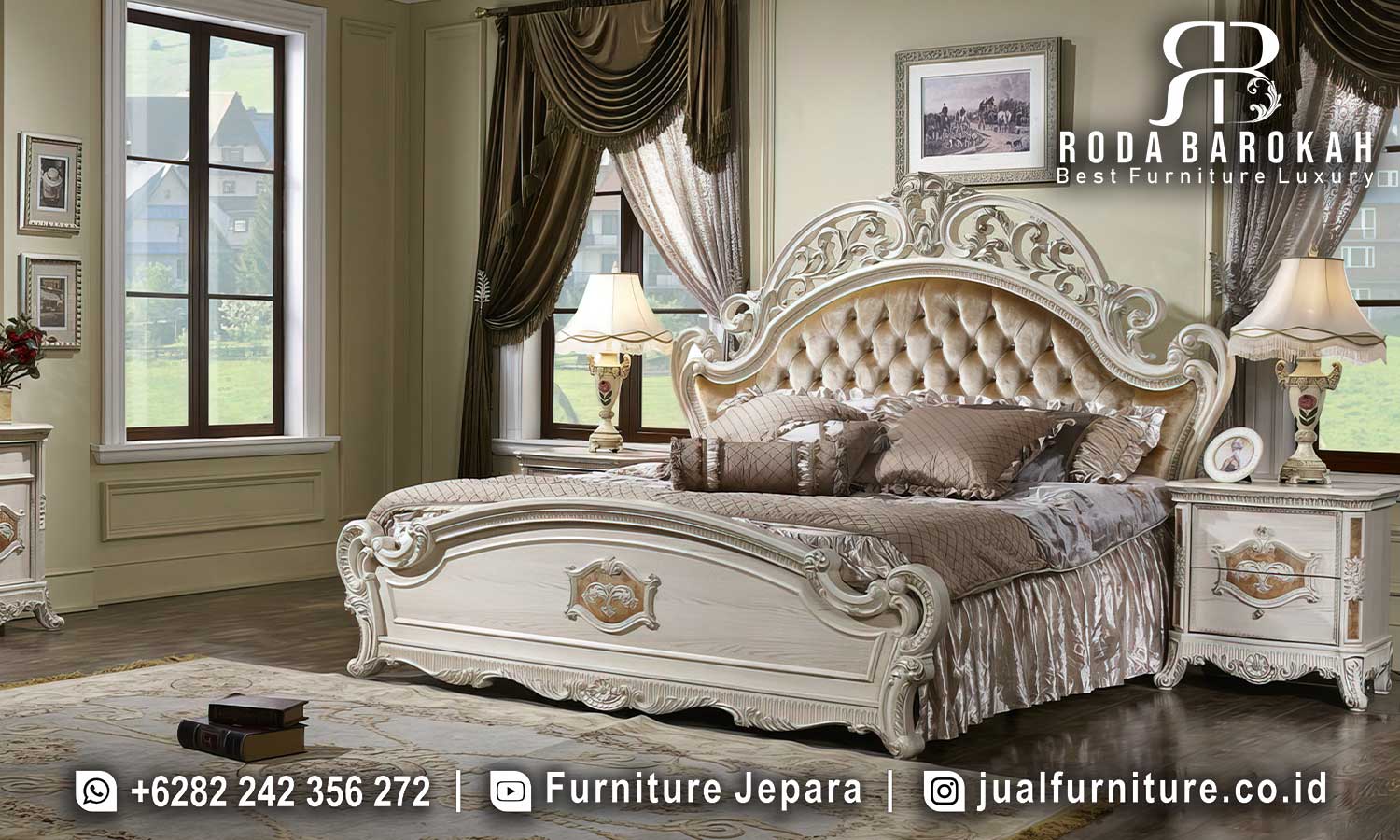Set Kamar Mewah Klasik Victoria Bernuansa Antik FS1384 hadir dengan material kayu jati dan finishing Holzman, memberikan nuansa elegan untuk tidur