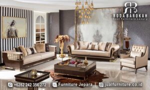 Set Kursi Tamu Mewah Jati Imperiale Relief Detail FS1437 hadir dengan rangka kayu jati dan finishing Holz berlapis emas, memberikan nuansa elegan bagi ruang tamu Anda.