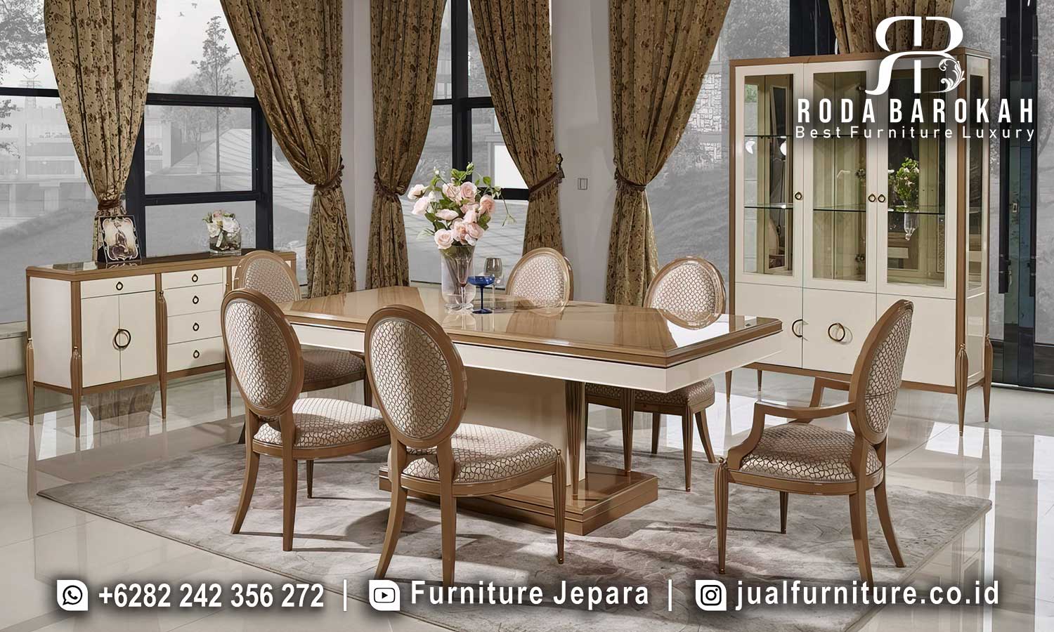 Set Meja Makan Jati Noblesse Pahatan Halus FS1351 menawarkan desain modern minimalis dengan kaki ramping dan fabric busa tebal, sempurna untuk menciptakan nuansa elegan di ruang makan Anda.