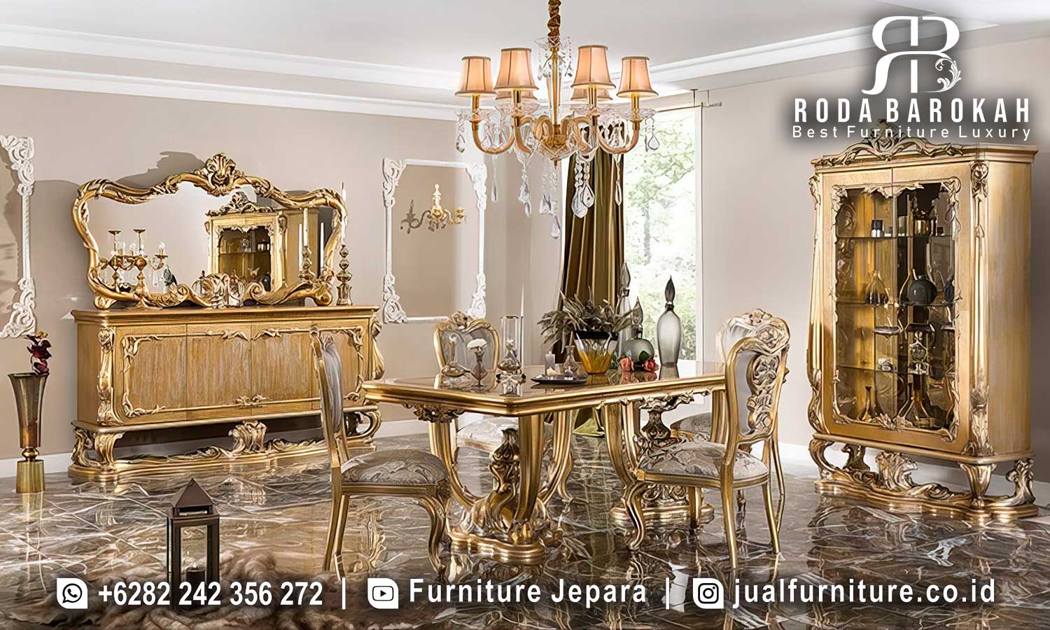 Set Meja Makan Mewah Bellezza Kesan Klasik FS1364, terbuat dari kayu jati dengan finishing lacquer emas dan ornamen ukiran, sempurna untuk nuansa klasik Eropa di rumah Anda.