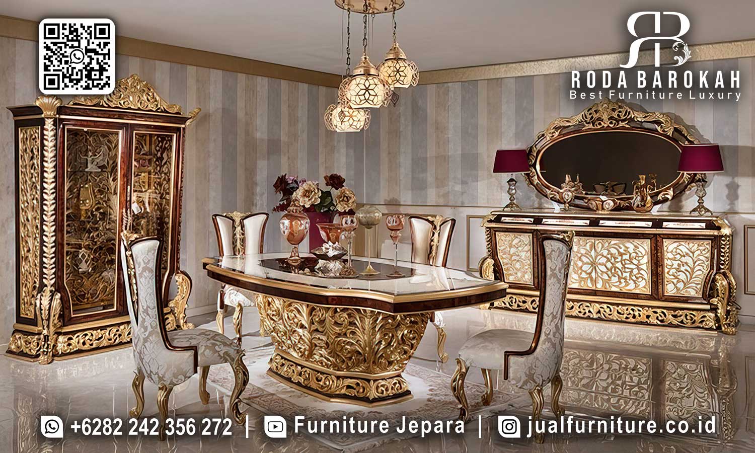 Set Meja Makan Mewah Splendore Klasik Elegan FS1313 adalah pilihan sempurna untuk keluarga, dengan rangka kayu jati dan kaki emas ukiran yang mewah.