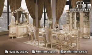 Set Ruang Makan Mewah Tuscany Desain Refined FS1352 dengan rangka kayu jati dan finishing doff, memberikan nuansa elegan dan tahan lama untuk ruang makan Anda.
