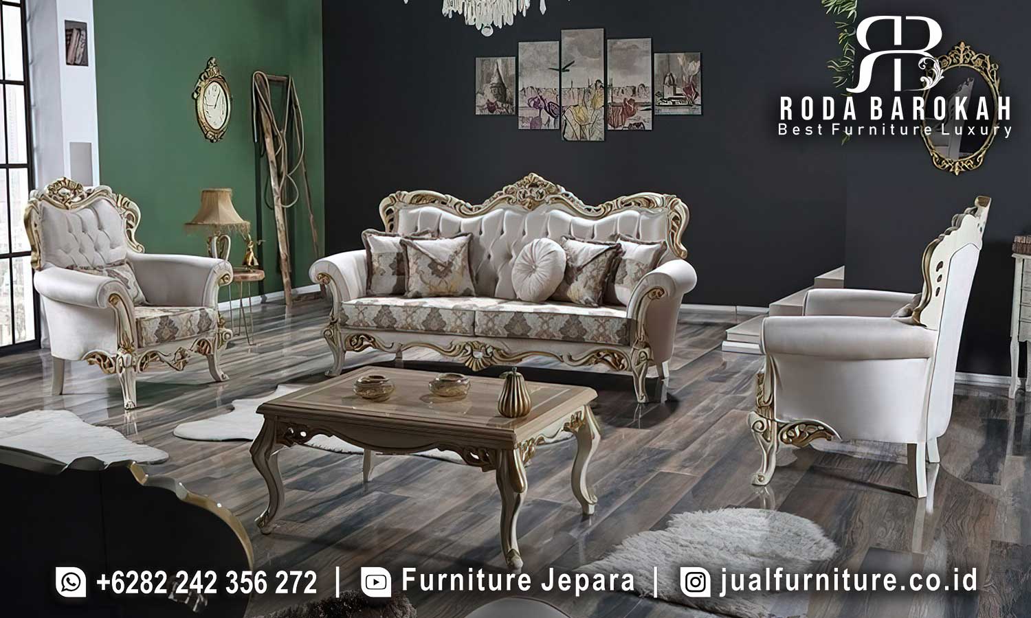 Set Sofa Ruang Tamu Jepara Dubrovnik Tampilan Klasik FS1342 terbuat dari kayu jati dengan finishing dukat emas, memberikan nuansa elegan dan daya tarik klasik yang sempurna untuk ruang tamu Anda.