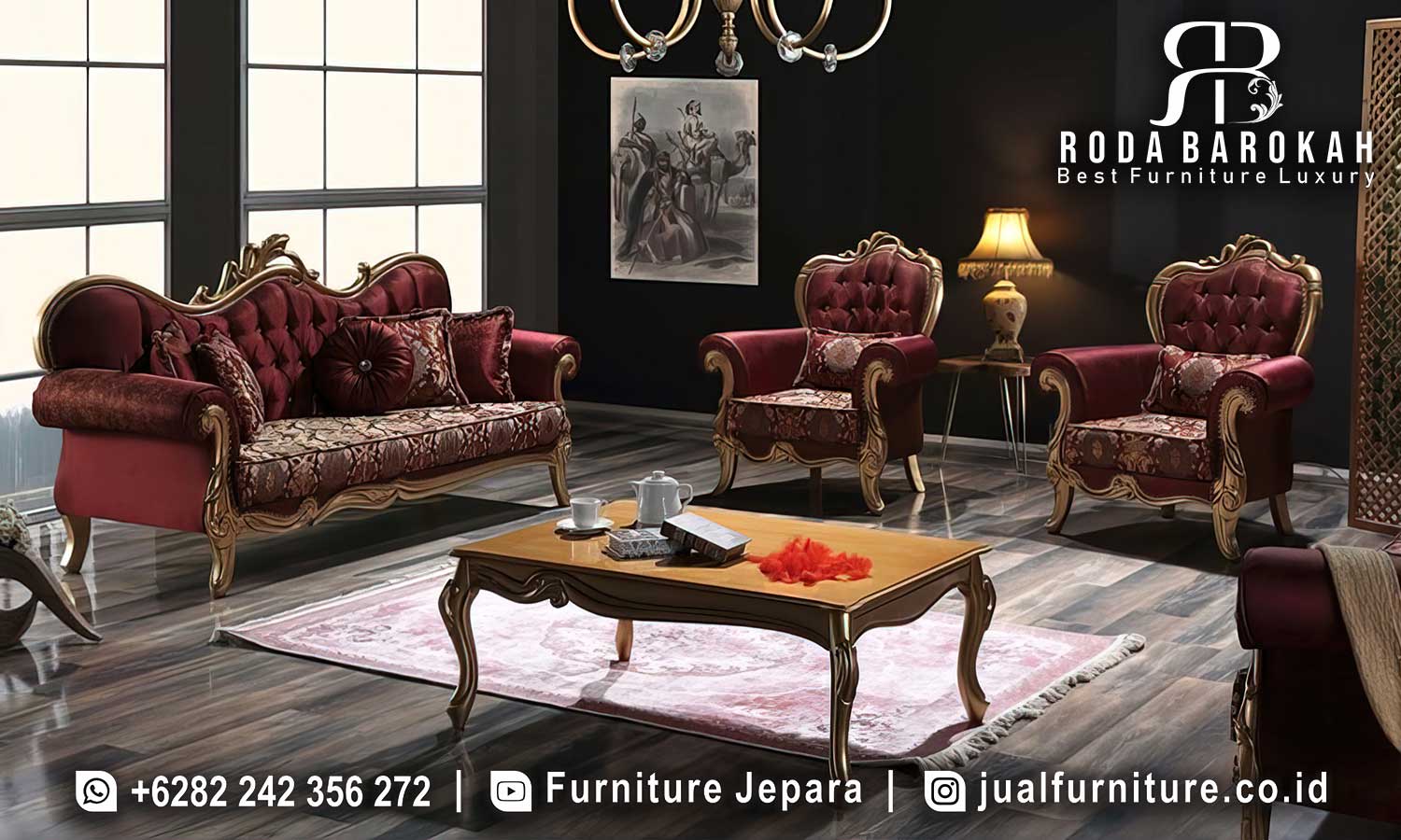 Set Sofa Tamu Mewah Cortile Kesan Klasik FS1356 dengan rangka kayu jati dan kain bludru merah marun akan hadirkan elegansi yang menawan di ruang tamu Anda.