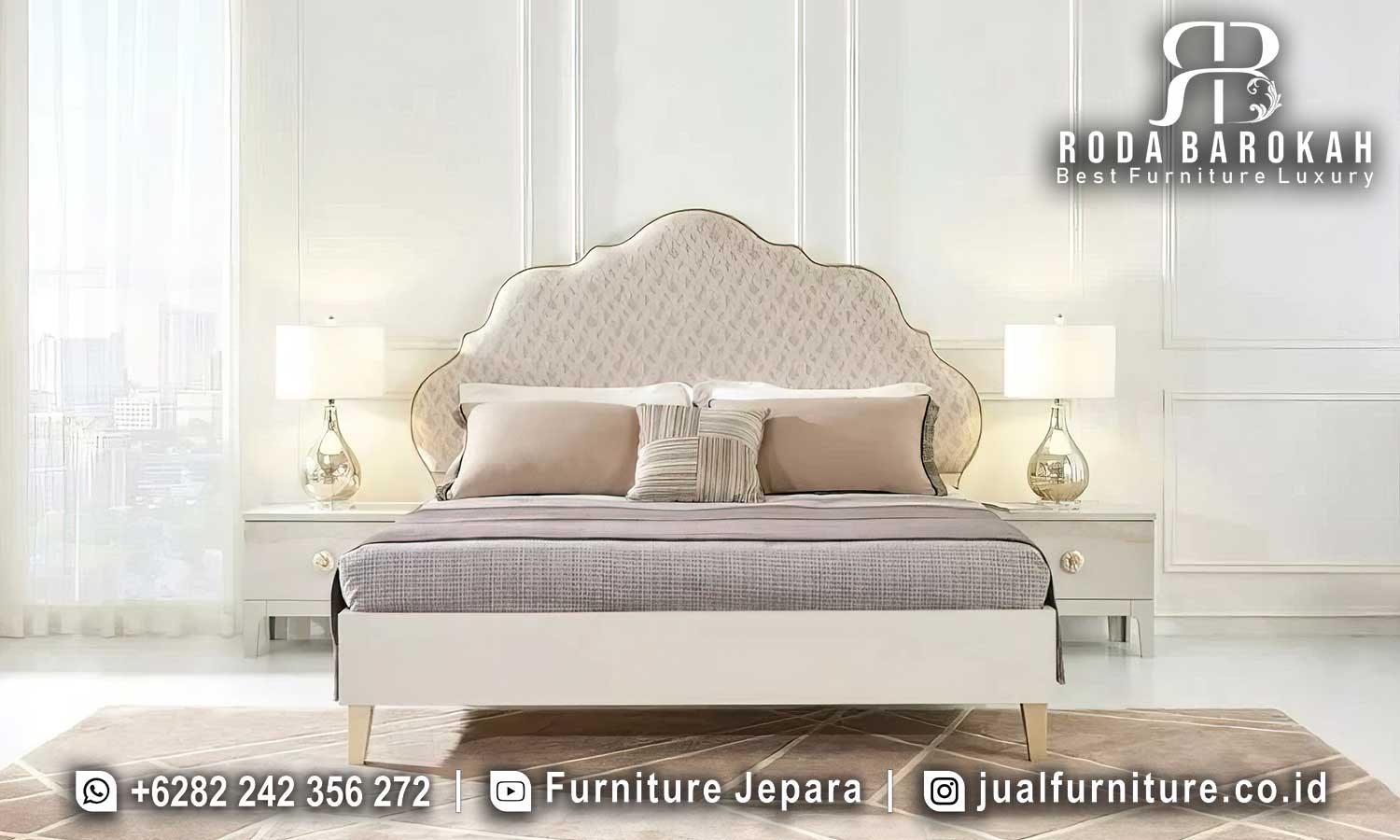 Set Tempat Tidur Mewah Vicenza Material Terbaik FS1393 hadir dengan rangka kayu jati dan kaki logam gold, memberikan sentuhan elegan untuk kamar tidur Anda.