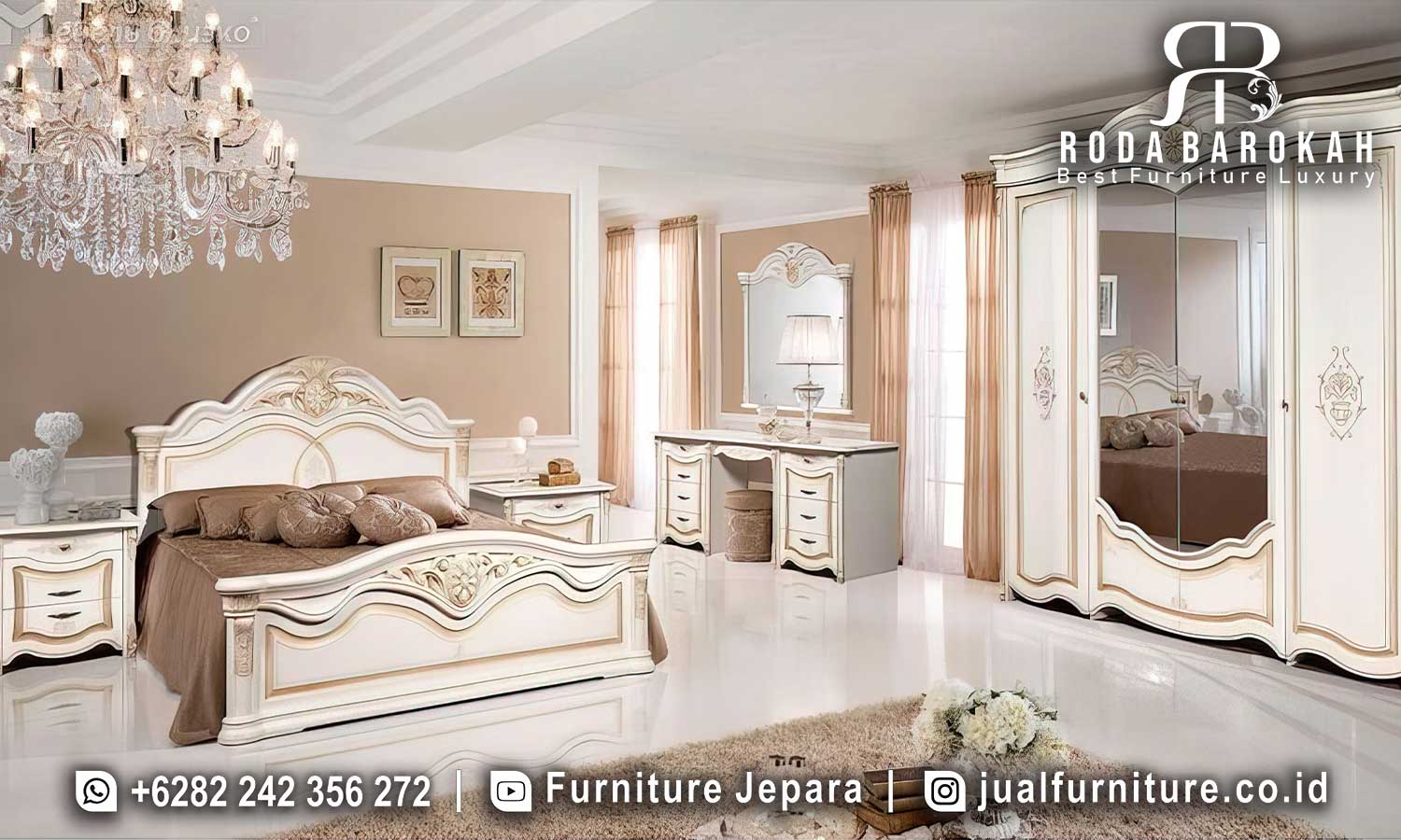 Set Tempat Tidur Modern Klasik Monaco Kerajinan Jepara FS1410 terbuat dari kayu jati dengan detil ukiran elegan dan finishing emas, sempurna untuk decor klasik mewah.