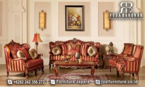 Sofa Tamu Jati Nobile Handmade Jepara FS1379 menawarkan kenyamanan dengan busa density tinggi, dilapisi fabric velvet, dan gaya klasik Eropa yang elegan.