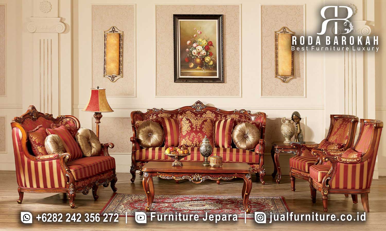 Sofa Tamu Jati Nobile Handmade Jepara FS1379 menawarkan kenyamanan dengan busa density tinggi, dilapisi fabric velvet, dan gaya klasik Eropa yang elegan.