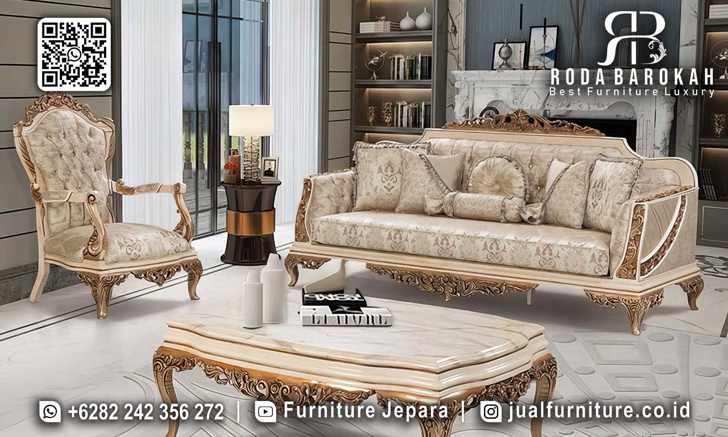 Sofa Tamu Mewah Klasik Santorini Produk Bergaransi FS1319 hadir dengan kayu jati dan finishing gold doff, sempurna untuk ruang tamu elegan Anda.