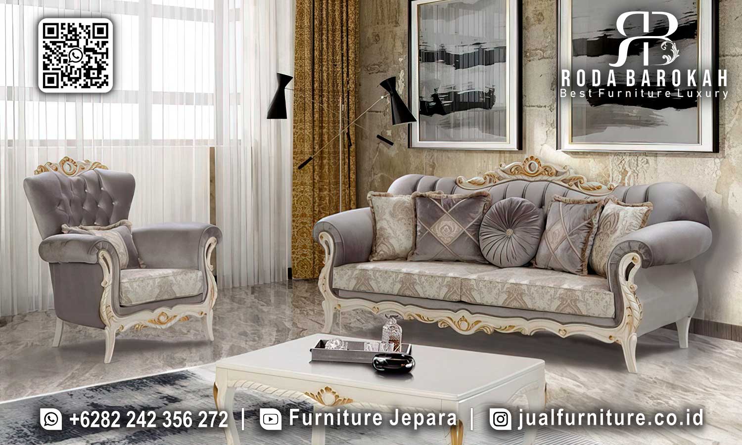 Sofa Tamu Mewah Turki Sevilla Awet Digunakan FS1317, terbuat dari kayu jati dan busa tebal dengan ornamen ukiran elegan, sempurna untuk ruang tamu Anda.