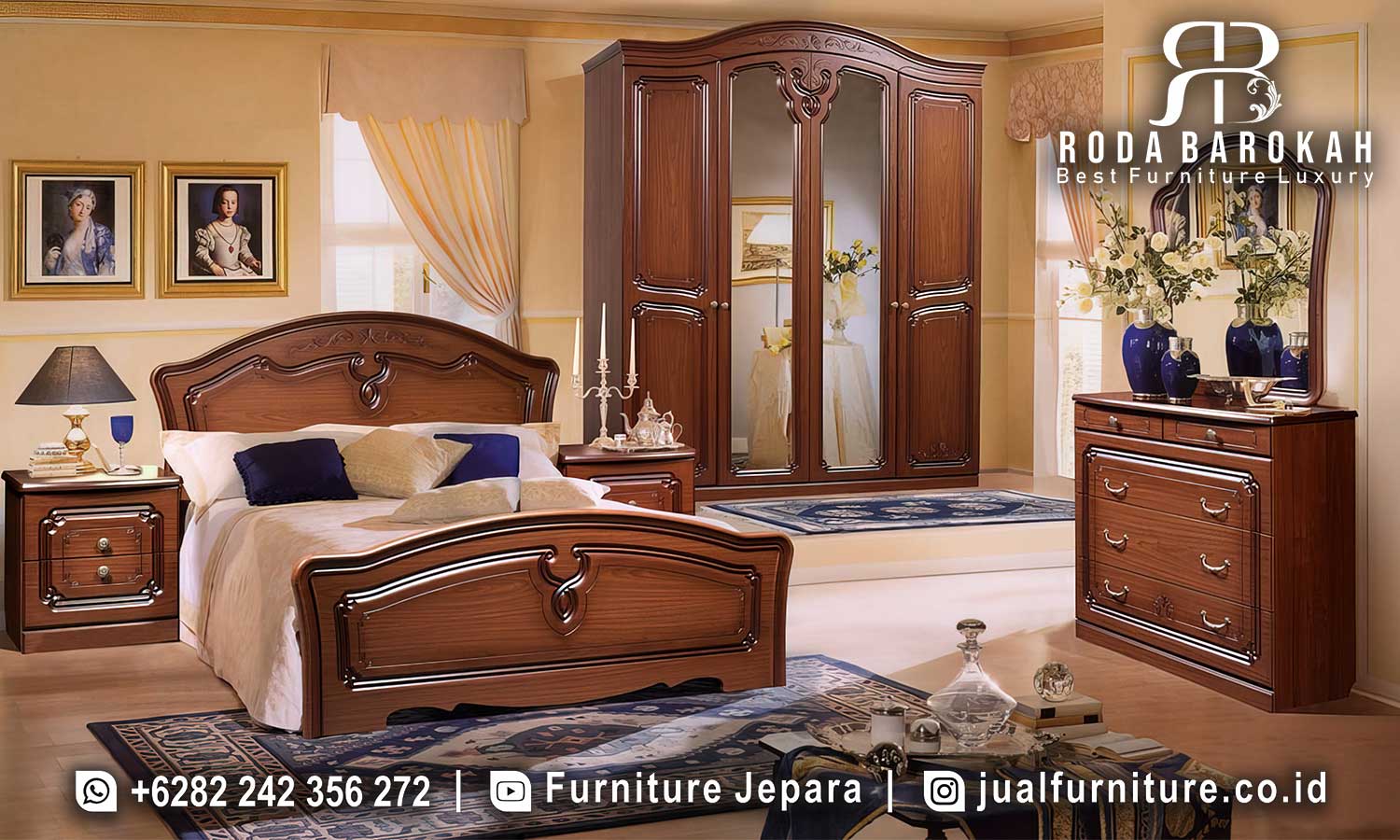 Tempat Tidur Jati Jepara Vicenza Produk Terjamin FS1333 terbuat dari kayu jati dengan finishing Holz dan kain bludru, hadir dalam desain elegan dan klasik lengkap dengan lemari pakaian.