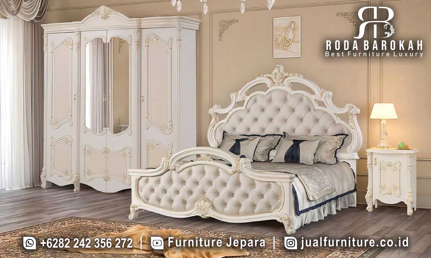 Tempat Tidur Klasik Terbaru Turki Sovrano Bahan Pilihan FS1322 terbuat dari kayu jati dengan finishing dupe dan desain ukiran elegan, sempurna untuk nuansa klasik modern.