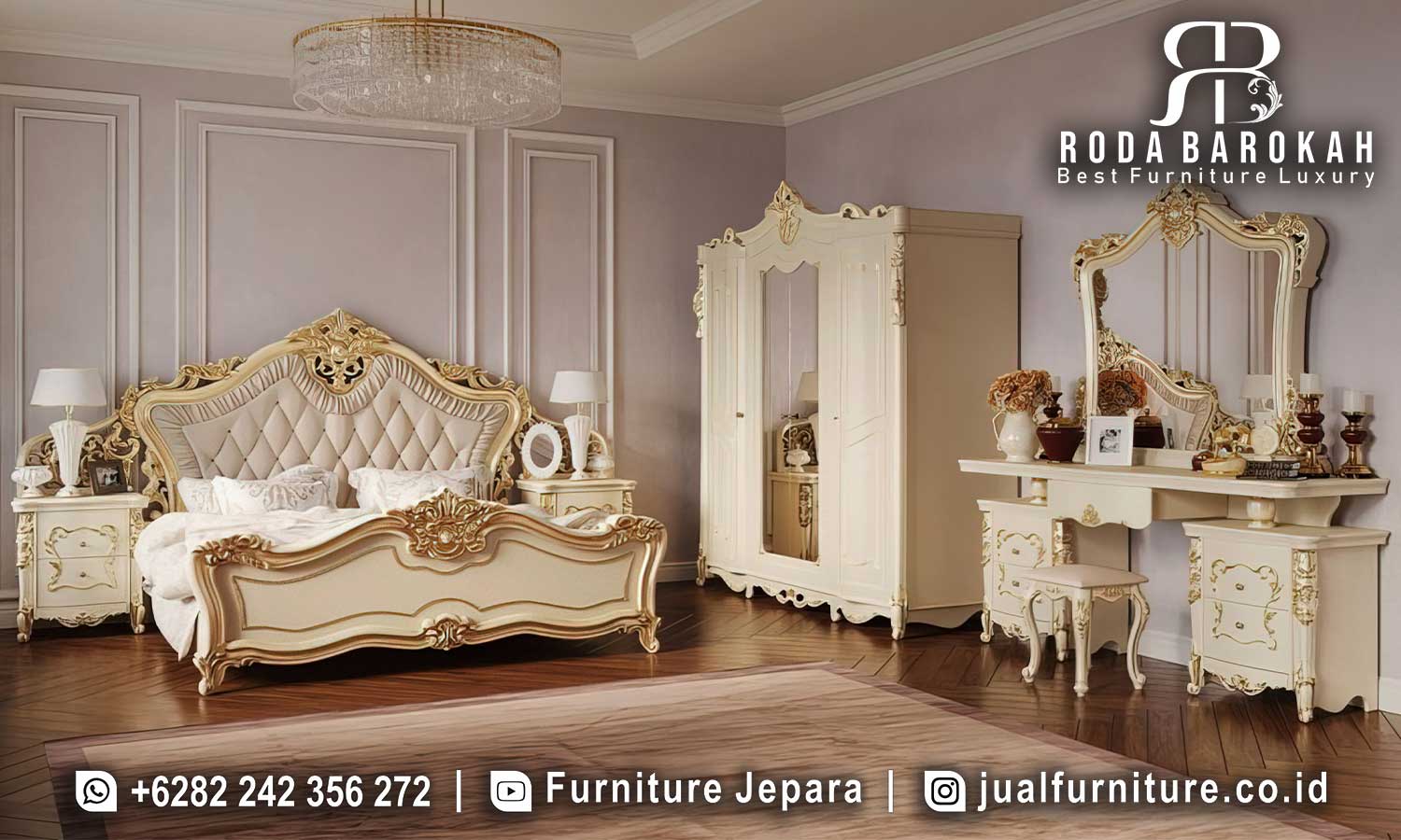 Tempat Tidur Mewah Classico Tampilan Eksklusif FS1441, hadir dengan rangka kayu jati, lukisan gold elegan, dan busa tebal untuk kenyamanan maksimal di kamar Anda.