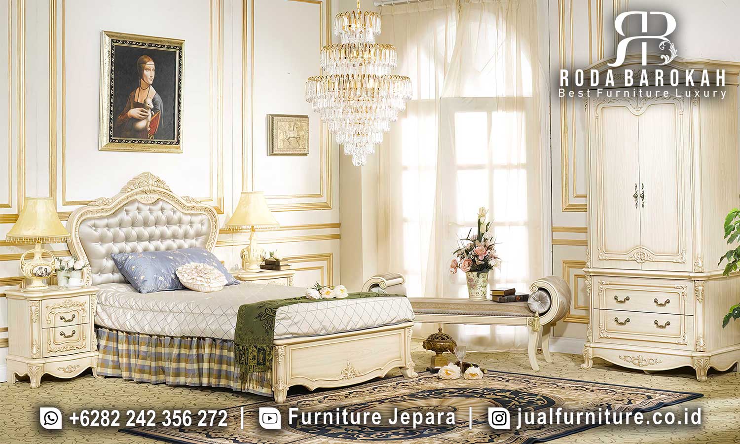 Tempat Tidur Mewah Klasik Vicenza Rangka Kokoh FS1369 terbuat dari kayu jati dengan finishing duco, hadir elegan dan fungsional untuk tidur dan penyimpanan.