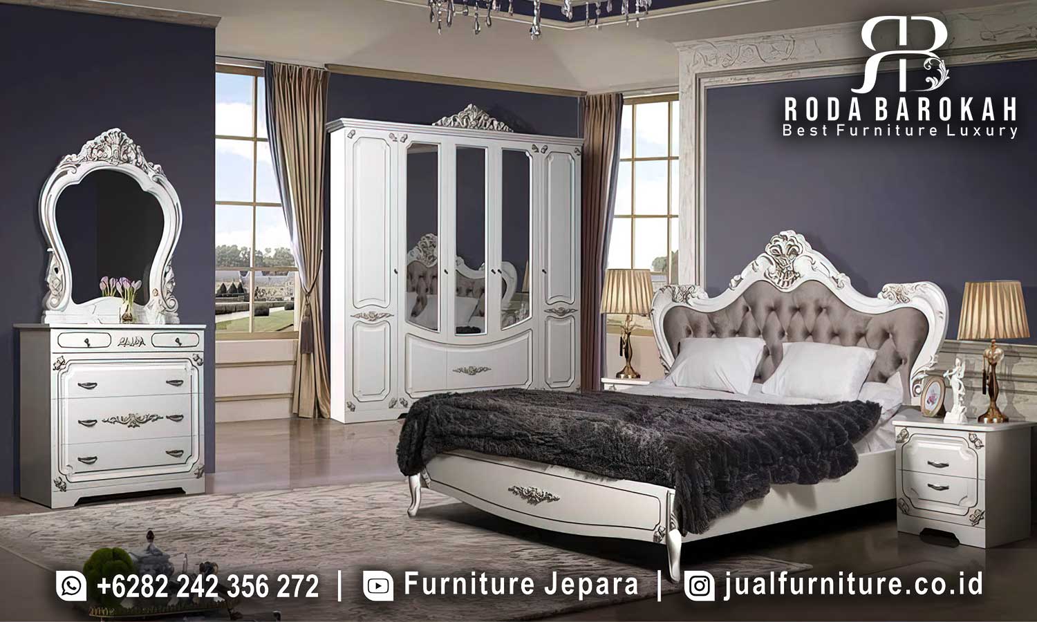 Tempat Tidur Mewah Mantova Nuansa Elegan FS1324 terbuat dari kayu jati finishing duco, dilengkapi lemari dan meja rias untuk suasana tidur yang lebih elegan.