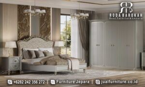 Tempat Tidur Mewah Modern Venesia Pengerjaan Presisi FS1443 terbuat dari kayu jati dengan finishing Hlak, memberikan nuansa elegan dan nyaman untuk tidur berkualitas.
