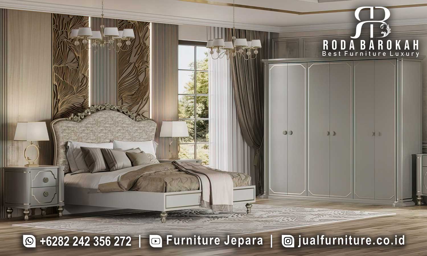 Tempat Tidur Mewah Modern Venesia Pengerjaan Presisi FS1443 terbuat dari kayu jati dengan finishing Hlak, memberikan nuansa elegan dan nyaman untuk tidur berkualitas.