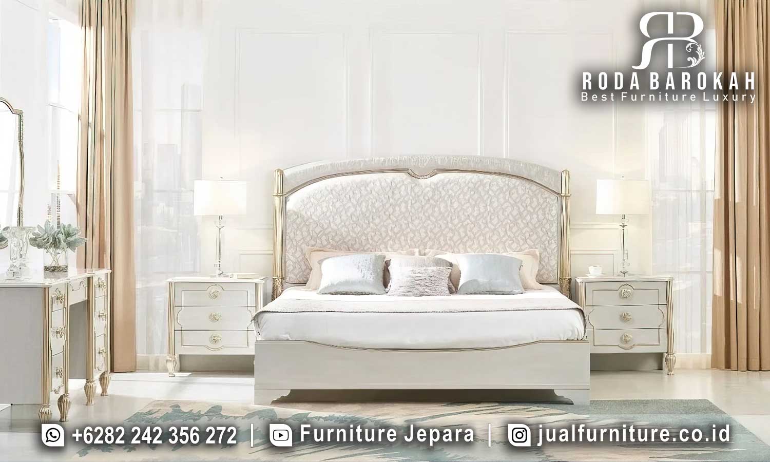Tempat Tidur Minimalis Modern Casablanca Kesan Refined FS1347 terbuat dari kayu jati dengan finishing lacquer putih dan emas, menciptakan nuansa elegan dan mewah di kamar Anda.