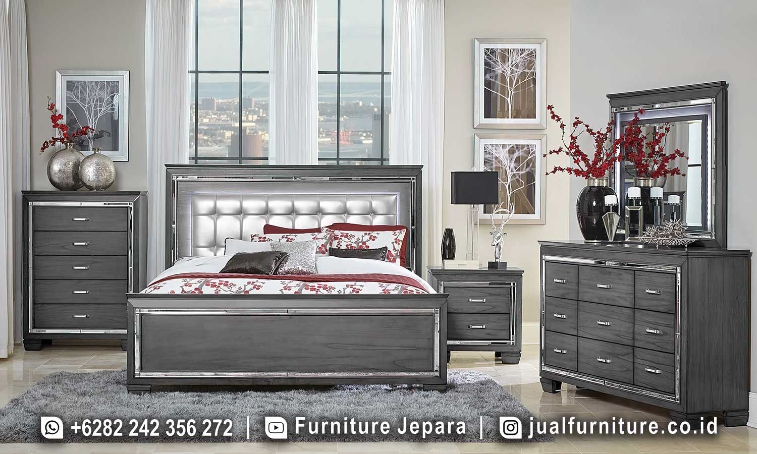 Set dipan ranjang mewah FS1466 lengkap dengan headboard LED tufting silver, aksen chrome bingkai, nakas 2 laci, chest of drawer 5 laci, dan dresser 9 laci dengan cermin LED.