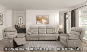Set sofa reclining mewah FS1474 lengkap dengan sofa 3 dudukan reclining, sofa 2 dudukan reclining, dan single chair reclining warna taupe empuk premium.