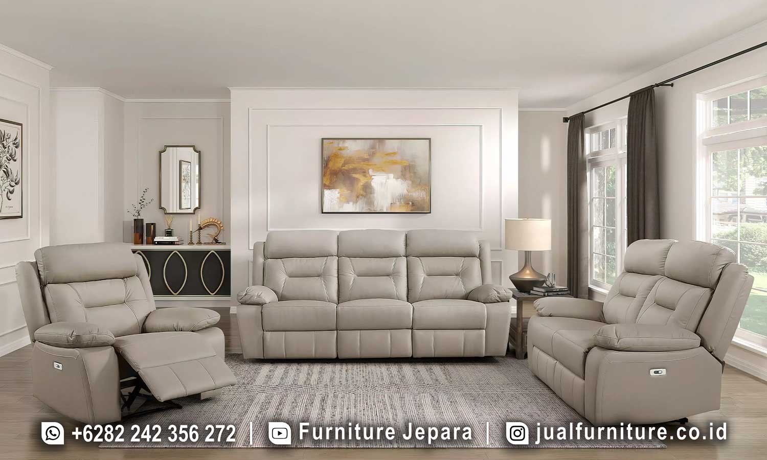Set sofa reclining mewah FS1474 lengkap dengan sofa 3 dudukan reclining, sofa 2 dudukan reclining, dan single chair reclining warna taupe empuk premium.