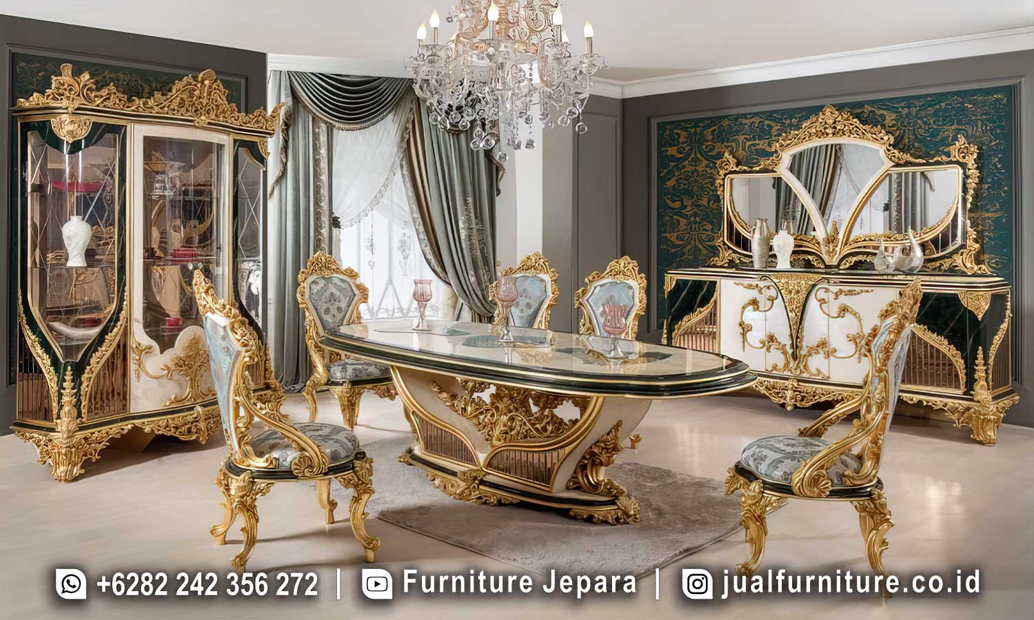 Set ruang makan mewah klasik luxury FS1481 lengkap dengan meja makan oval top kaca kaki ukir megah, enam kursi makan ukir gold, lemari hias kaca, dan sideboard dengan cermin ukir kupu-kupu.
