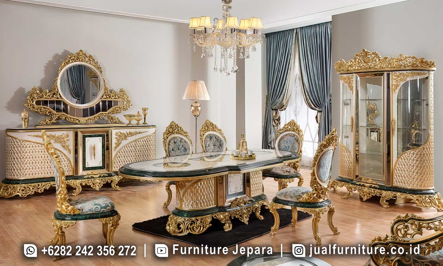 Jual Meja Ruang Makan Mewah Klasik Luxury Ukiran Jepara FS1481