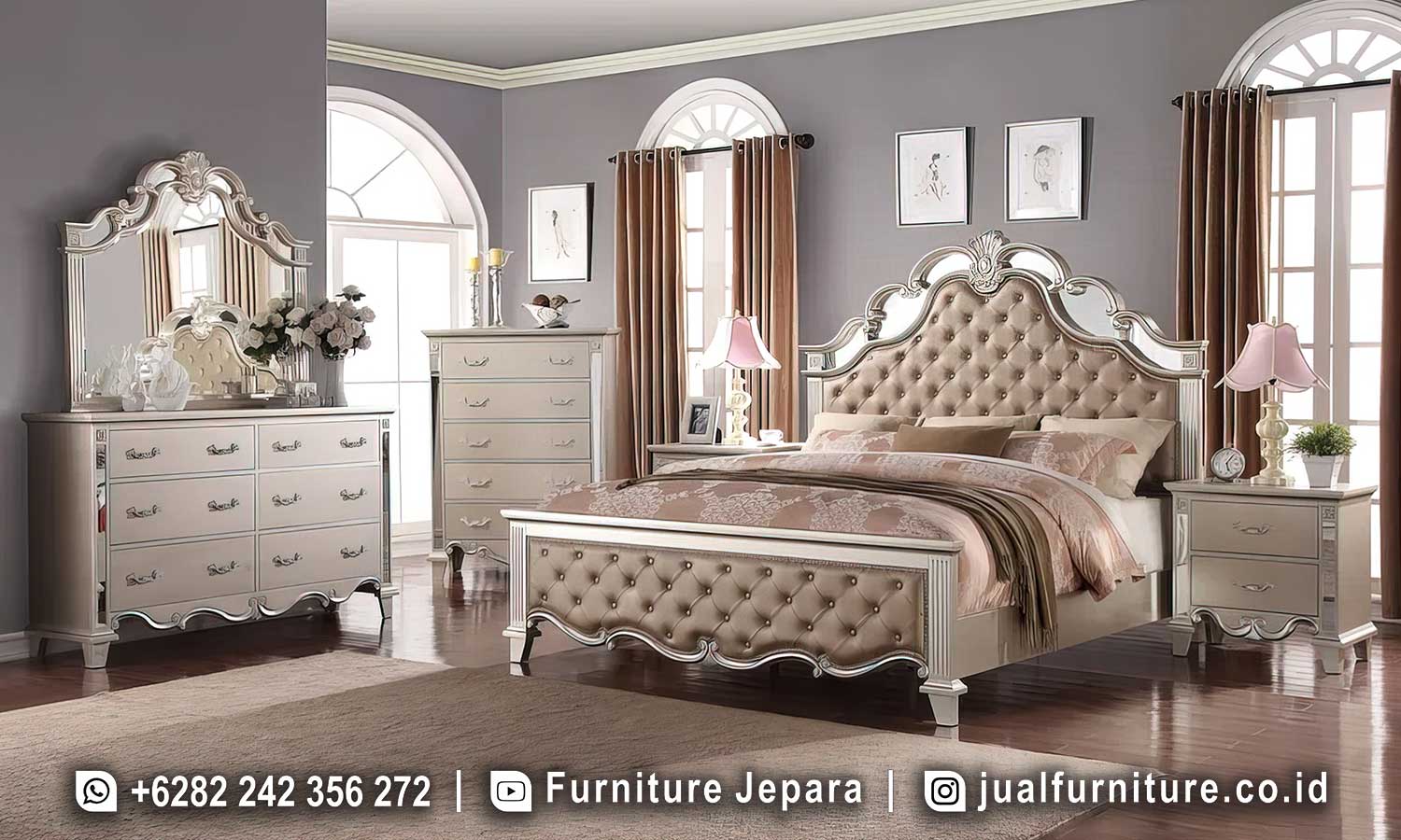 Set tempat tidur mewah modern Eropa FS1477 lengkap dengan ranjang headboard tufting crystal button, nakas mirror, chest of drawer 5 laci, meja rias 6 laci mirror dengan cermin besar.